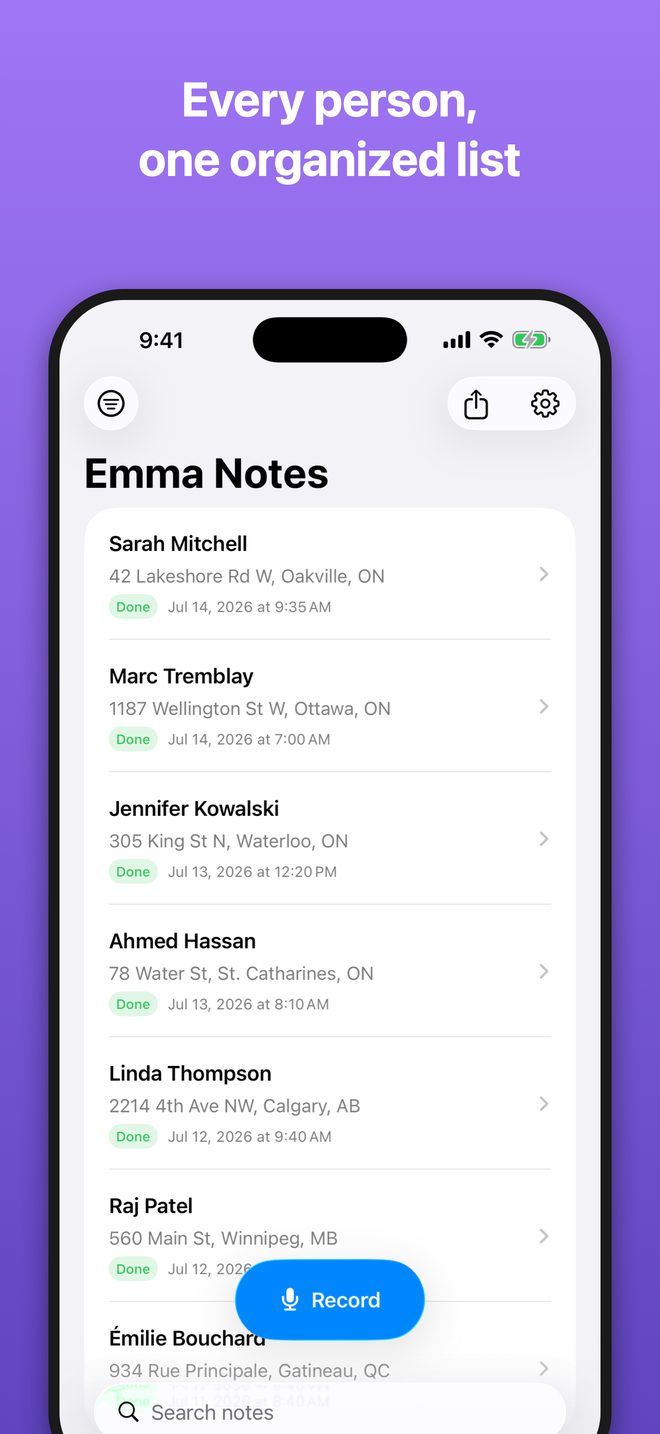 A searchable list of organized notes in EmmaNotes